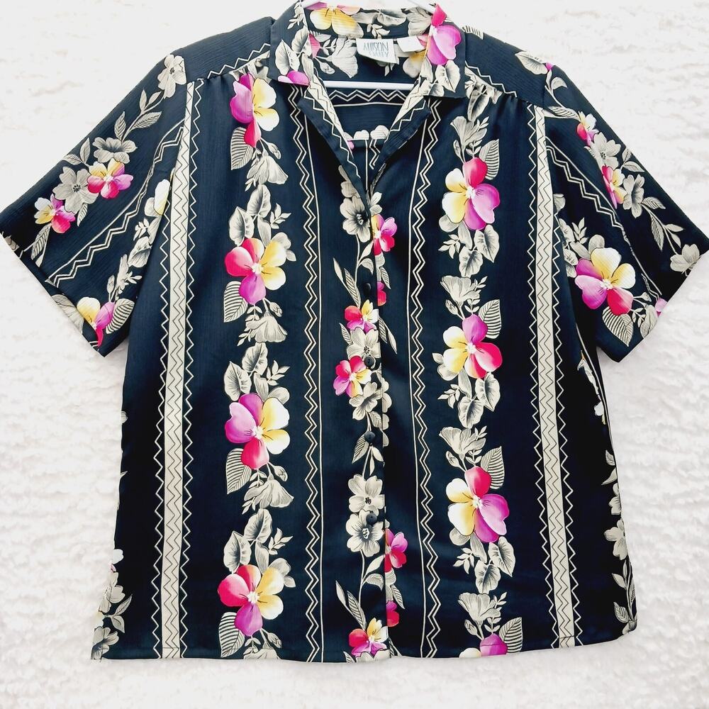 Blouse Button-Up Black Pink Plumeria Cruise Resort Floral Paradise Tropics Sz 14